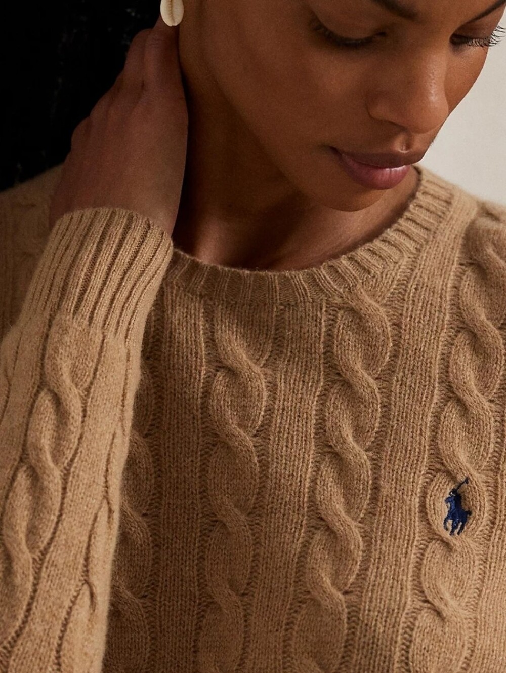 Polo Ralph Lauren Women Cable Knit Wool Cashmere Crewneck Sweater Camel - Picture 3 of 9